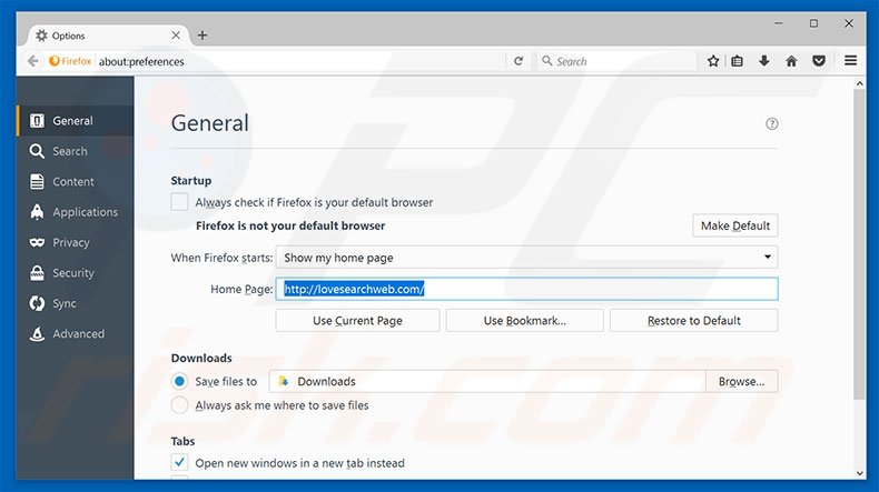 Verwijder lovesearchweb.com als startpagina in Mozilla Firefox 