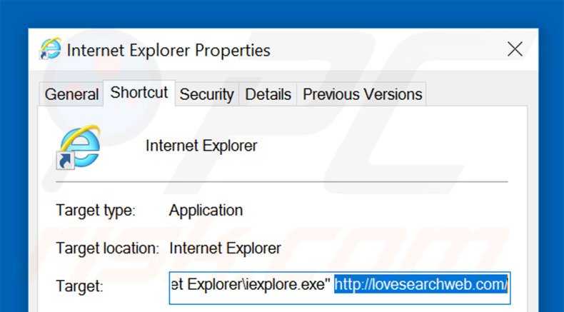 Verwijder lovesearchweb.com als doel van de Internet Explorer snelkoppeling stap 2