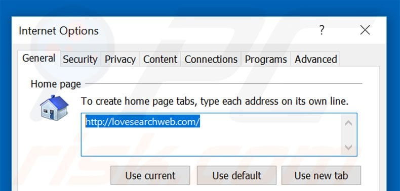 Verwijder lovesearchweb.com als startpagina in Internet Explorer