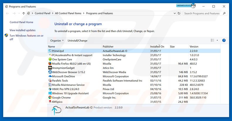 Prime Updater adware verwijdering via het Controle Paneel