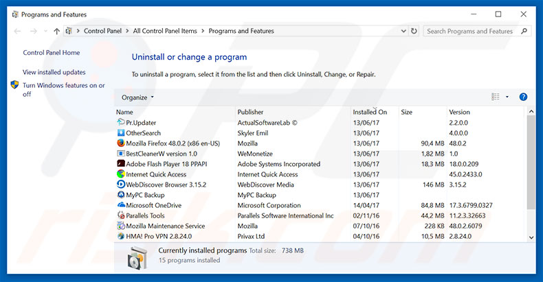 Suspicious Ransomware Activity adware verwijdering via het Controle Paneel