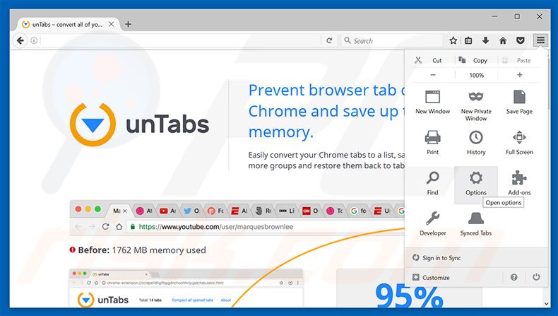 Verwijder de unTabs advertenties uit Mozilla Firefox stap 1
