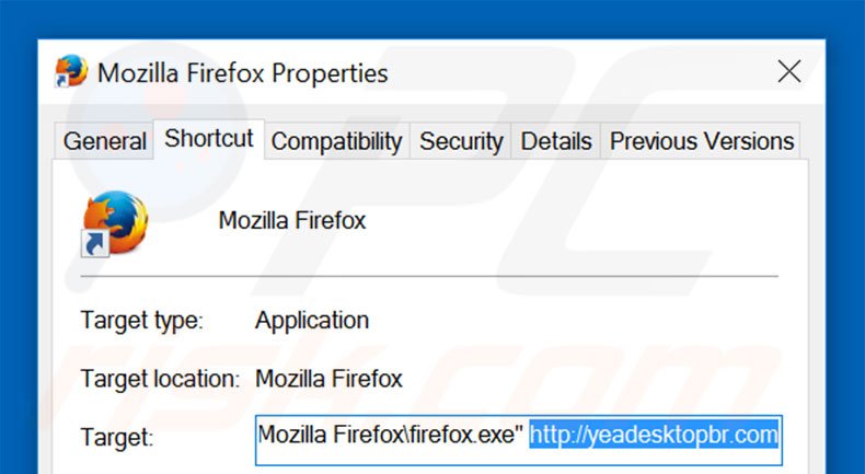 Verwijder yeadesktopbr.com als doel van de Mozilla Firefox snelkoppeling stap 2