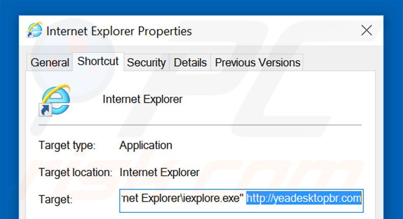 Verwijder yeadesktopbr.com als doel van de Internet Explorer snelkoppeling stap 2
