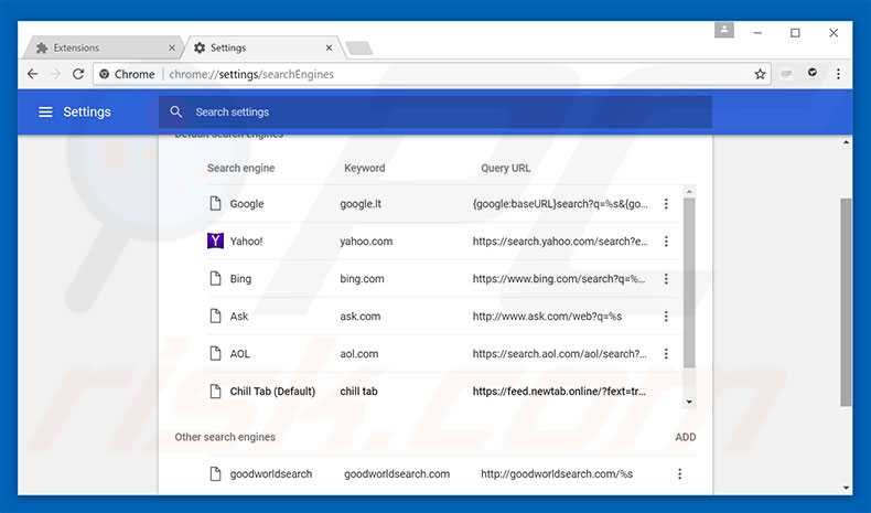 Verwijder search.chill-tab.com als standaard zoekmachine in Google Chrome