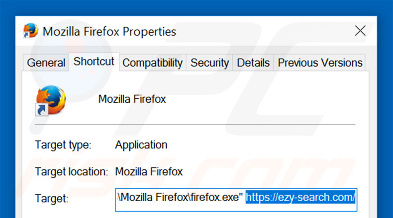 Verwijder ezy-search.com als doel van de Mozilla Firefox snelkoppeling stap 2