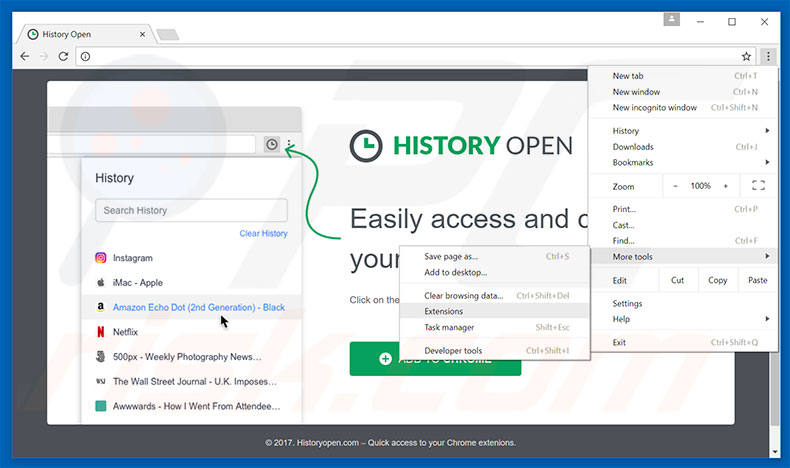 Verwijder de History Open  advertenties uit Google Chrome stap 1