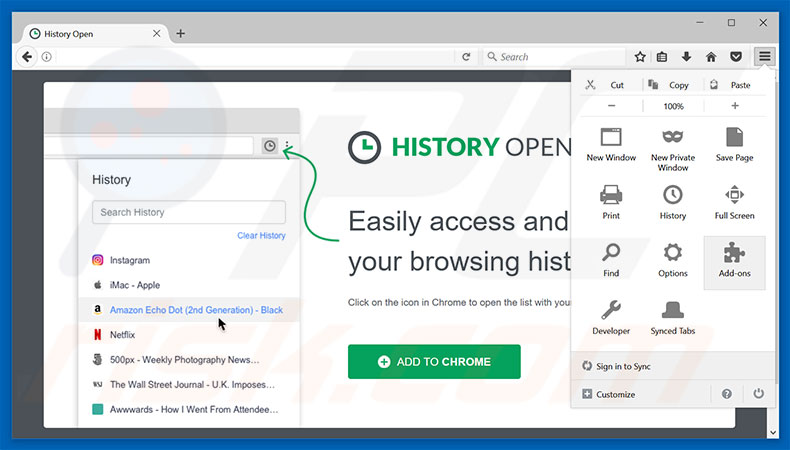 Verwijder de History Open advertenties uit Mozilla Firefox stap 1