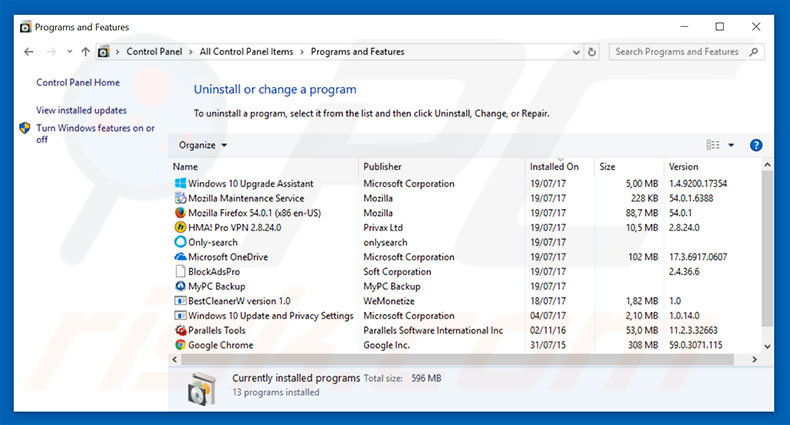 Microsoft System Security Alert adware verwijdering via het Controle Paneel