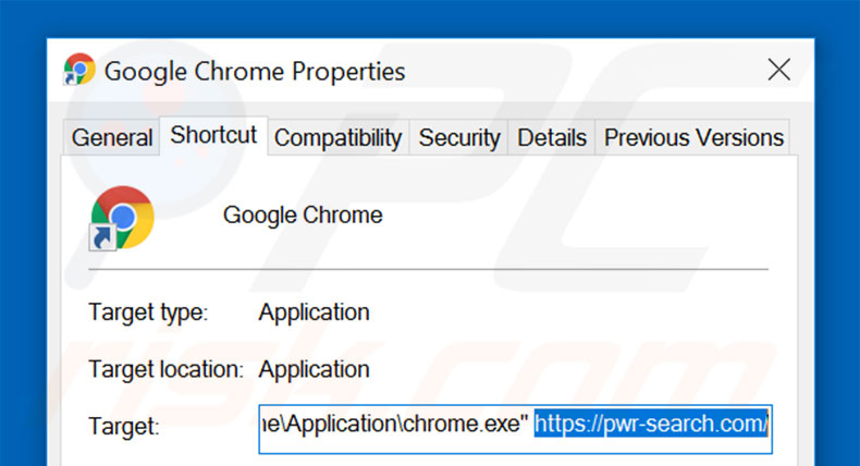 Verwijder pwr-search.com als doel van de Google Chrome snelkoppeling stap 2