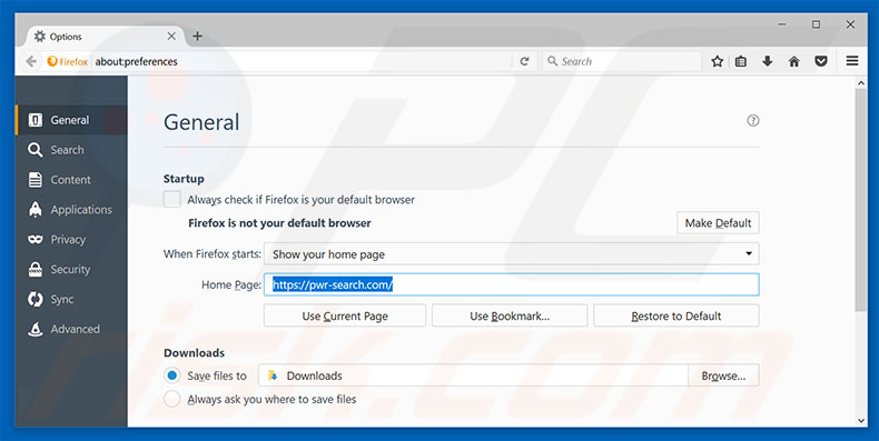 Verwijder pwr-search.com als startpagina in Mozilla Firefox