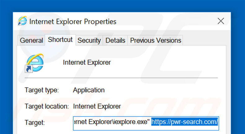 Verwijder pwr-search.com als doel van de Internet Explorer snelkoppeling stap 2