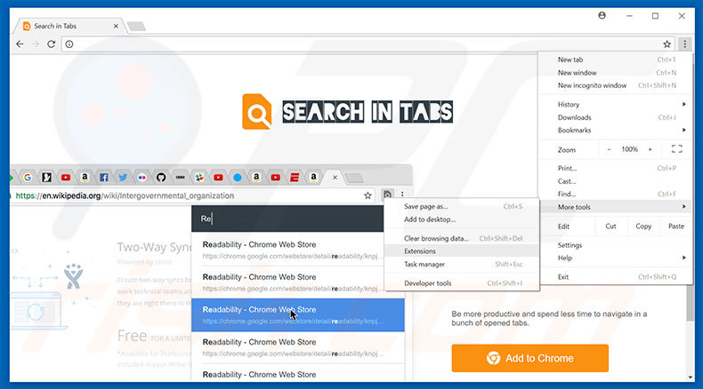 Verwijder de Search In Tabs advertenties uit Google Chrome stap 1