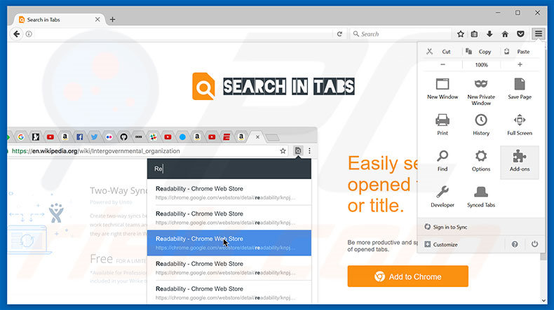 Verwijder de Search In Tabs advertenties uit Mozilla Firefox stap 1