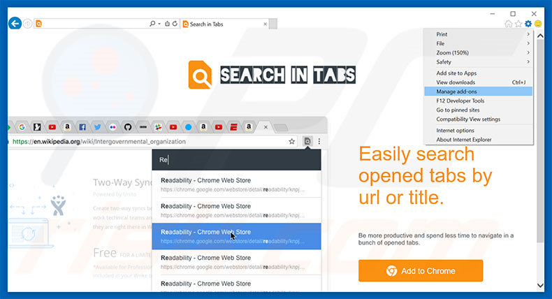 Verwijder de Search In Tabs advertenties uit Internet Explorer stap 1