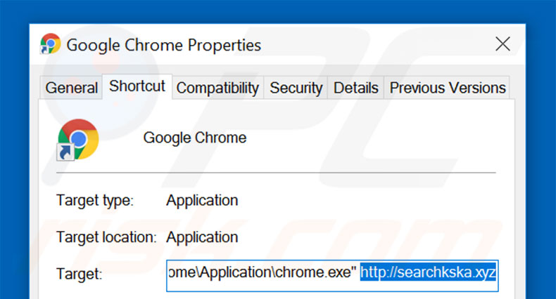 Verwijder searchkska.xyz als doel van de Google Chrome snelkoppeling stap 2