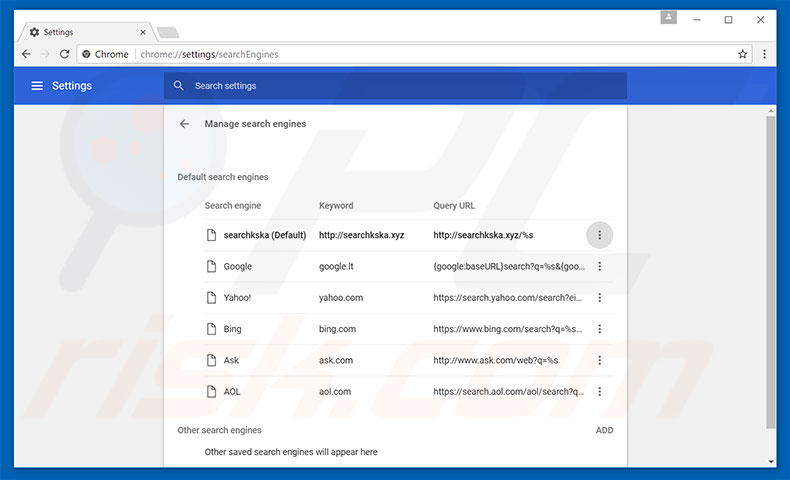 Verwijder searchkska.xyz als standaard zoekmachine in Google Chrome