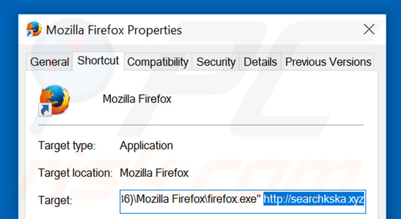 Verwijder searchkska.xyz als doel van de Mozilla Firefox snelkoppeling stap 2