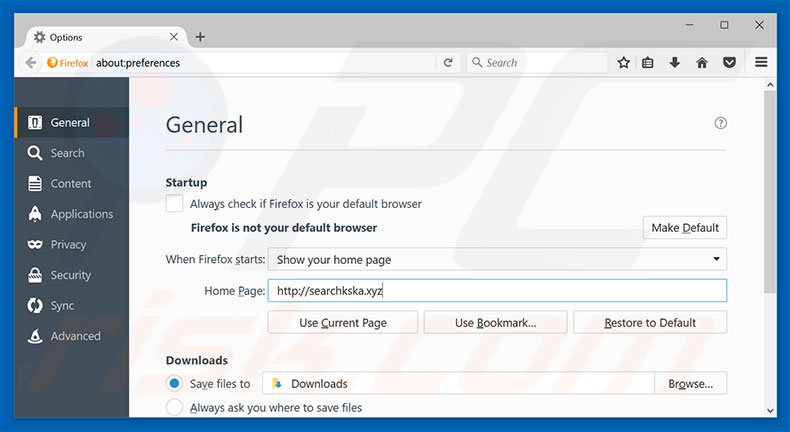 Verwijder searchkska.xyz als startpagina in Mozilla Firefox