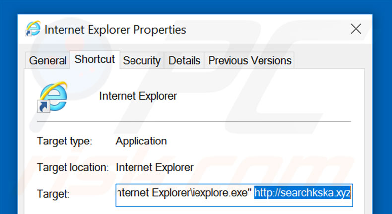 Verwijder searchkska.xyz als doel van de Internet Explorer snelkoppeling stap 2