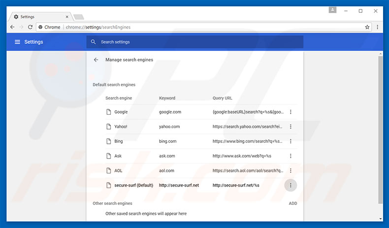 Verwijder secure-surf.net als standaard zoekmachine in Google Chrome