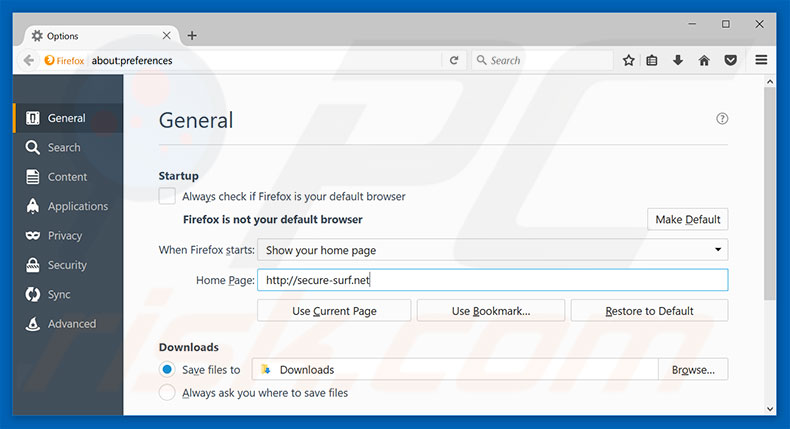 Verwijder secure-surf.net als startpagina in Mozilla Firefox