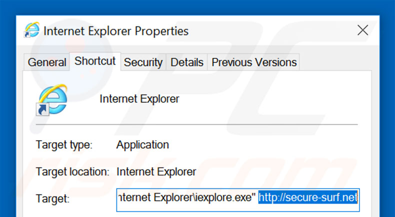 Verwijder secure-surf.net als doel van de Internet Explorer snelkoppeling stap 2