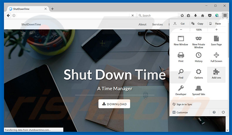 Verwijder de ShutDownTime advertenties uit Mozilla Firefox stap 1