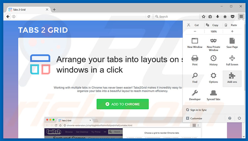 Verwijder de Tabs2Grid advertenties uit Mozilla Firefox stap 1