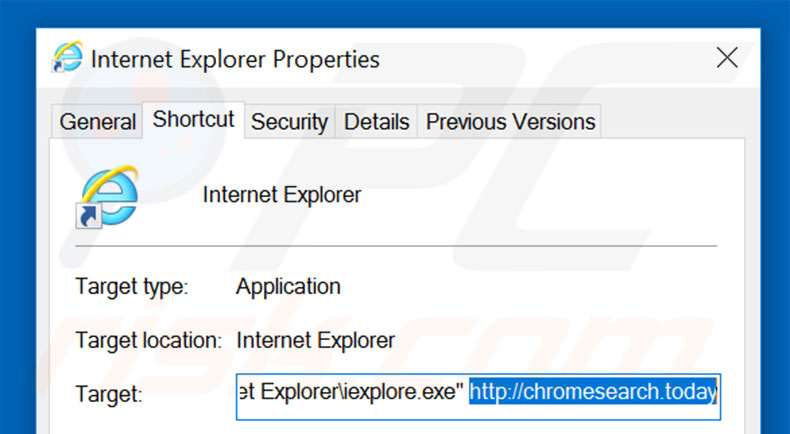 Verwijder chromesearch.today als doel van de Internet Explorer snelkoppeling stap 2