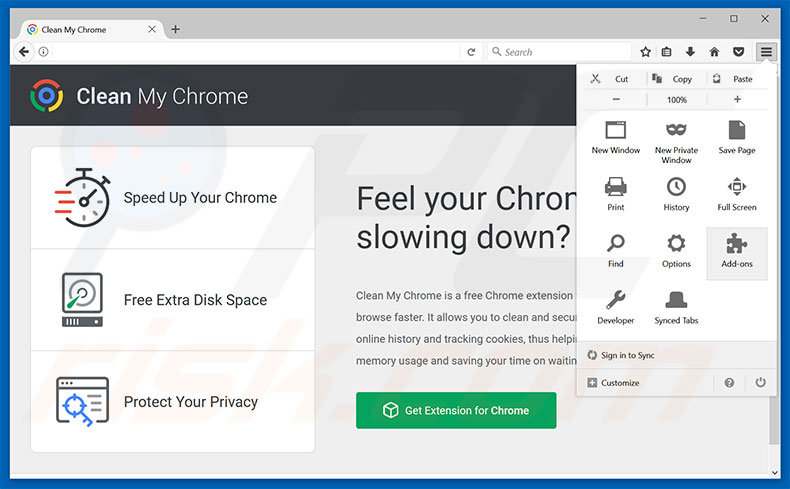 Verwijder de Clean My Chrome advertenties uit Mozilla Firefox stap 1