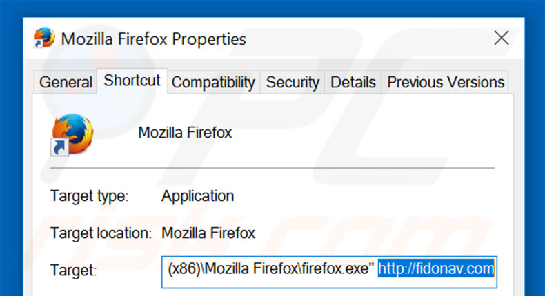 Verwijder fidonav.com als doel van de Mozilla Firefox snelkoppeling stap 2 
