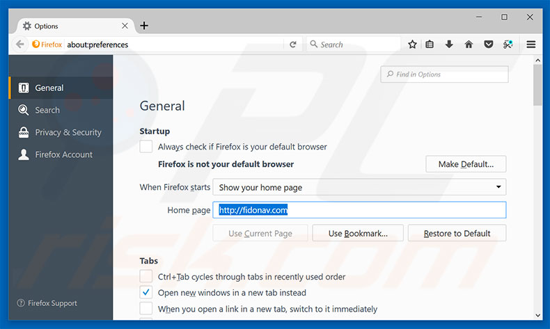 Verwijder fidonav.com als startpagina in Mozilla Firefox