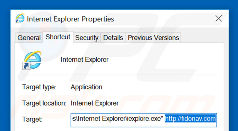 Verwijder fidonav.com als doel van de Internet Explorer snelkoppeling stap 2