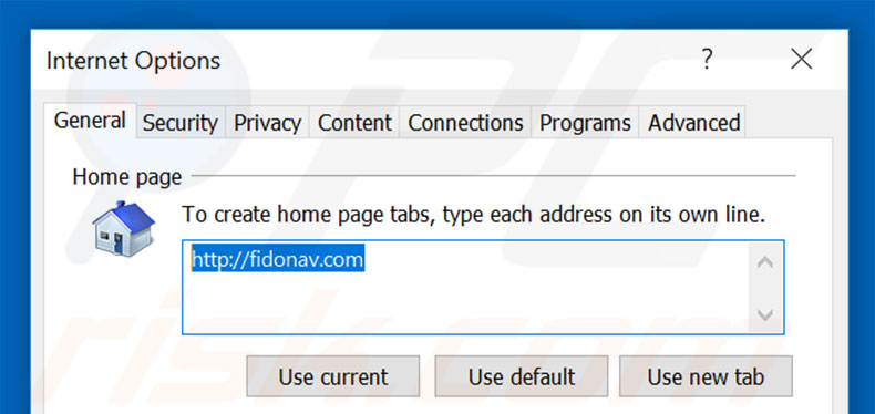 Verwijder fidonav.com als startpagina in Internet Explorer