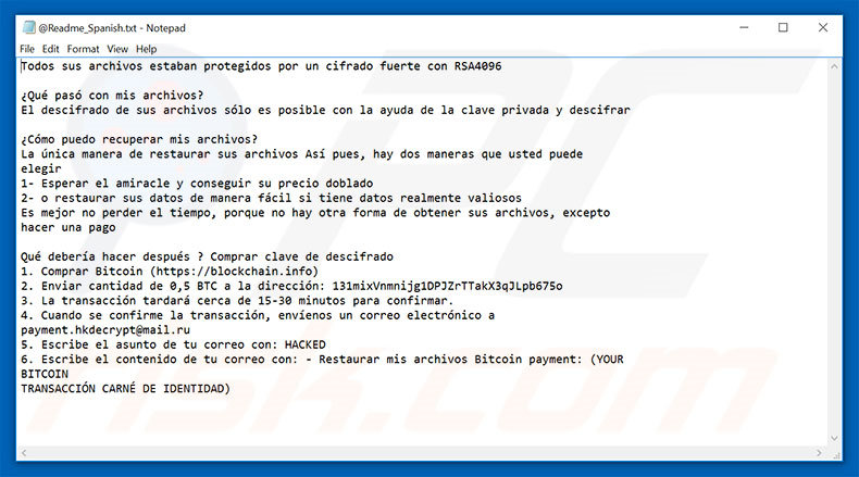Hacked ransomware Spaanse variant