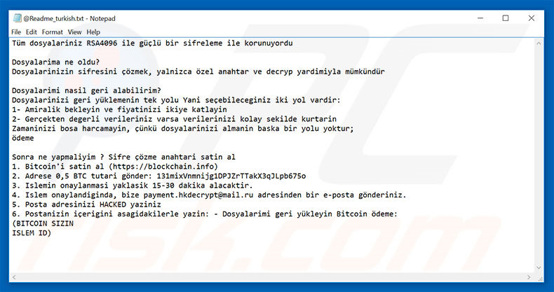 Hacked ransomware Turkse variant