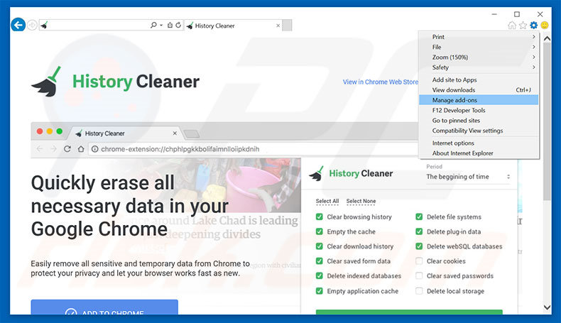 Verwijder History Cleaner advertenties uit Internet Explorer stap 1