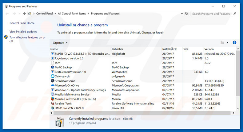 Microsoft Edge Critical ERROR adware verwijdering via het Controle Paneel