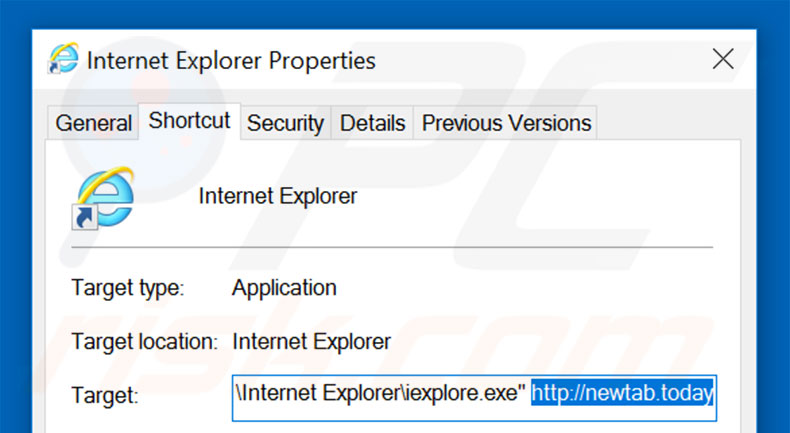 Verwijder newtab.today als doel van de Internet Explorer snelkoppeling stap 2