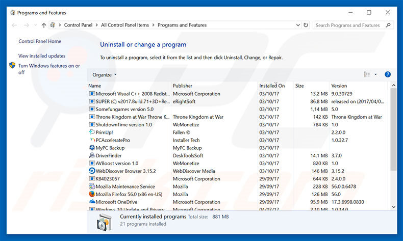 Possible Suspicious Activity adware verwijdering via het Controle Paneel