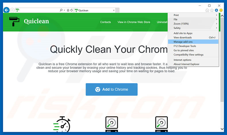 Verwijder de Quiclean advertenties uit Internet Explorer stap 1