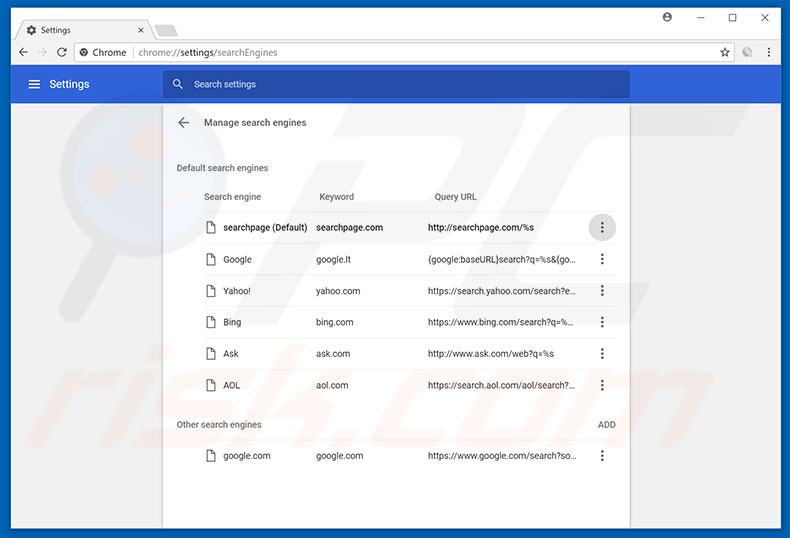 Verwijder searchpage.com als standaard zoekmachine in Google Chrome