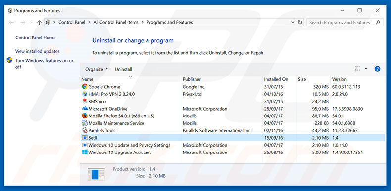 Setli adware uninstall via Control Panel