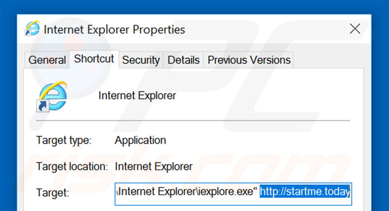 Verwijder startme.today als doel van de Internet Explorer snelkoppeling stap 2