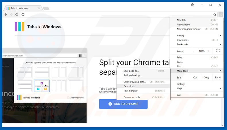 Verwijder Tabs To Windows  advertenties uit Google Chrome stap 1