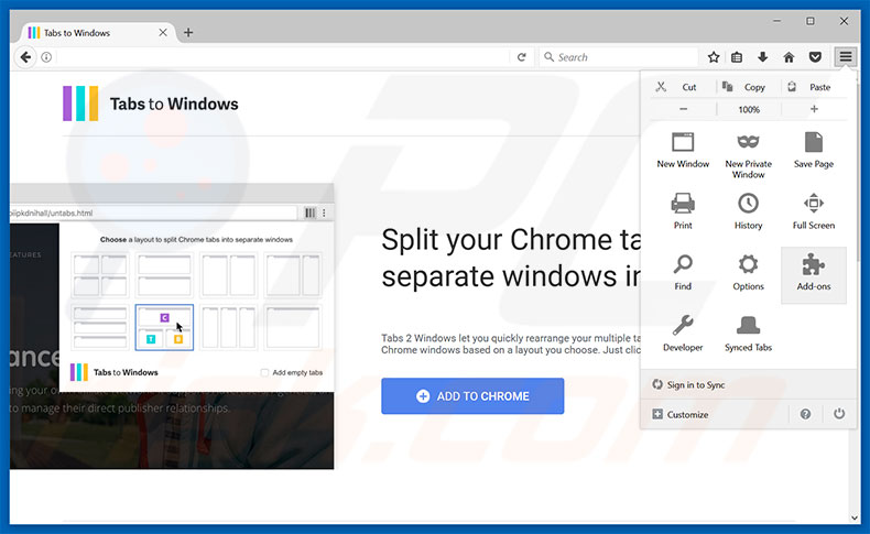 Verwijder Tabs To Windows advertenties uit Mozilla Firefox stap 1