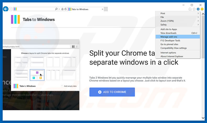 Verwijder Tabs To Windows advertenties uit Internet Explorer stap 1