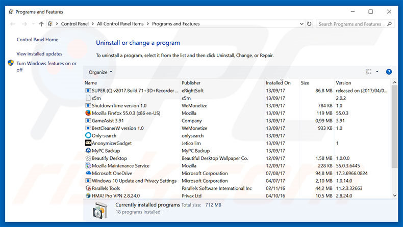 Warning! Malware Detected! adware verwijderen via Control Panel