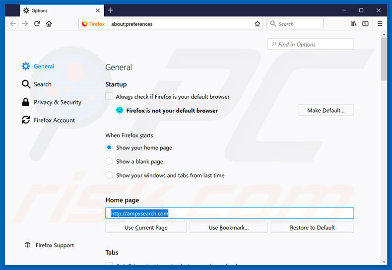 Verwijder ampxsearch.com als startpagina in Mozilla Firefox